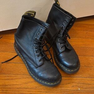 Dr. Martens Black Leather 8-Eye Lace-Up Boots with Yellow Stitching